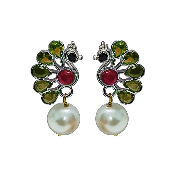 Sterling Silver Peacock Shape Indian Embedded Tourmaline Pearl Handmade Earrings - Picture 1 of 4